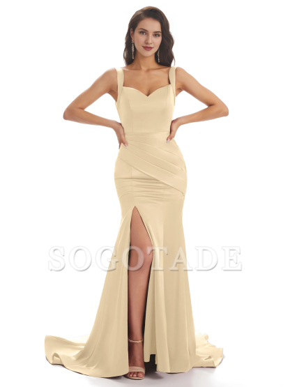Sexy and soft satin side slit shoulder strap square and floor length fishtail bridesmaid dress
