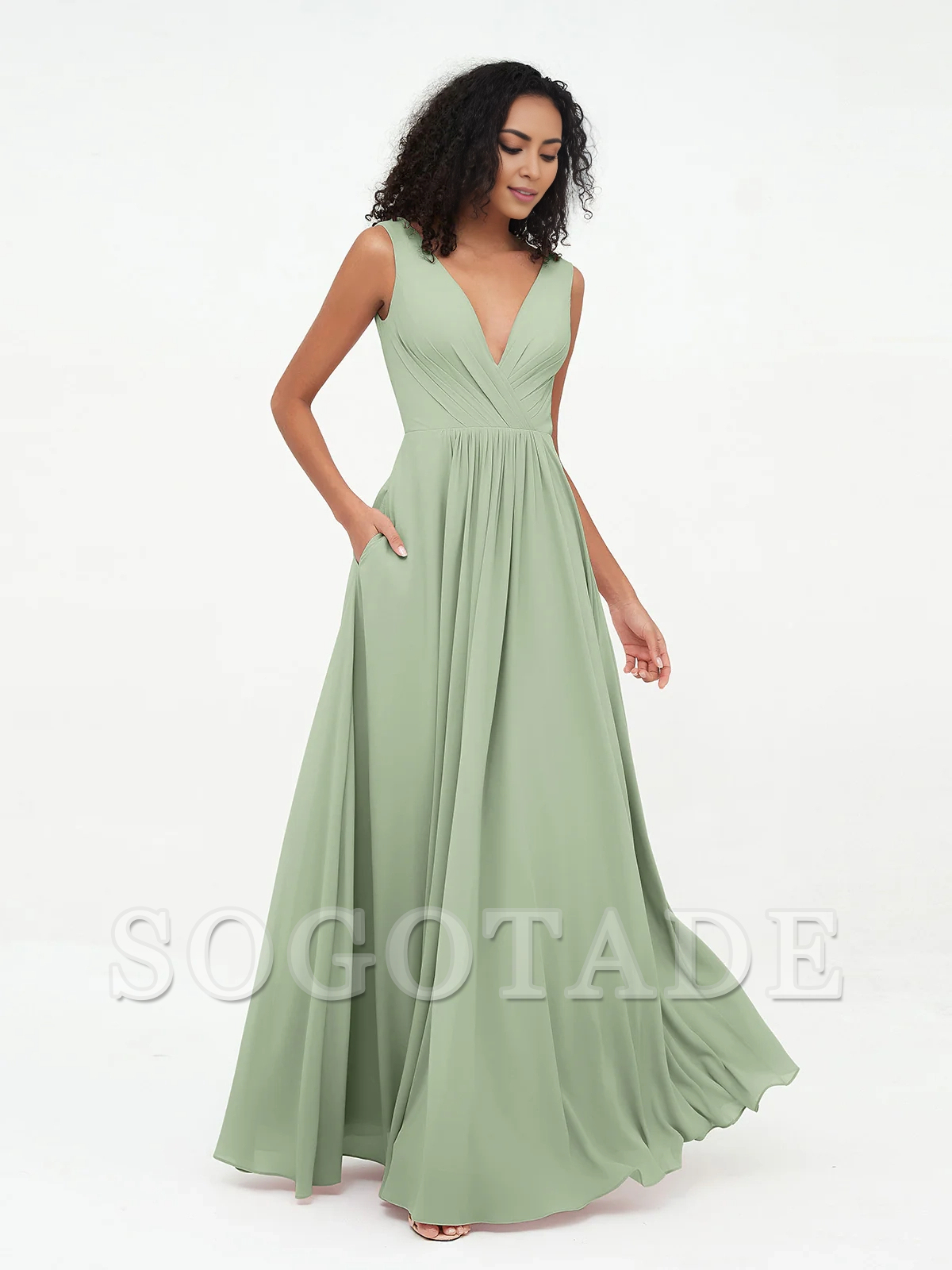 V-neck chiffon long pocket dress