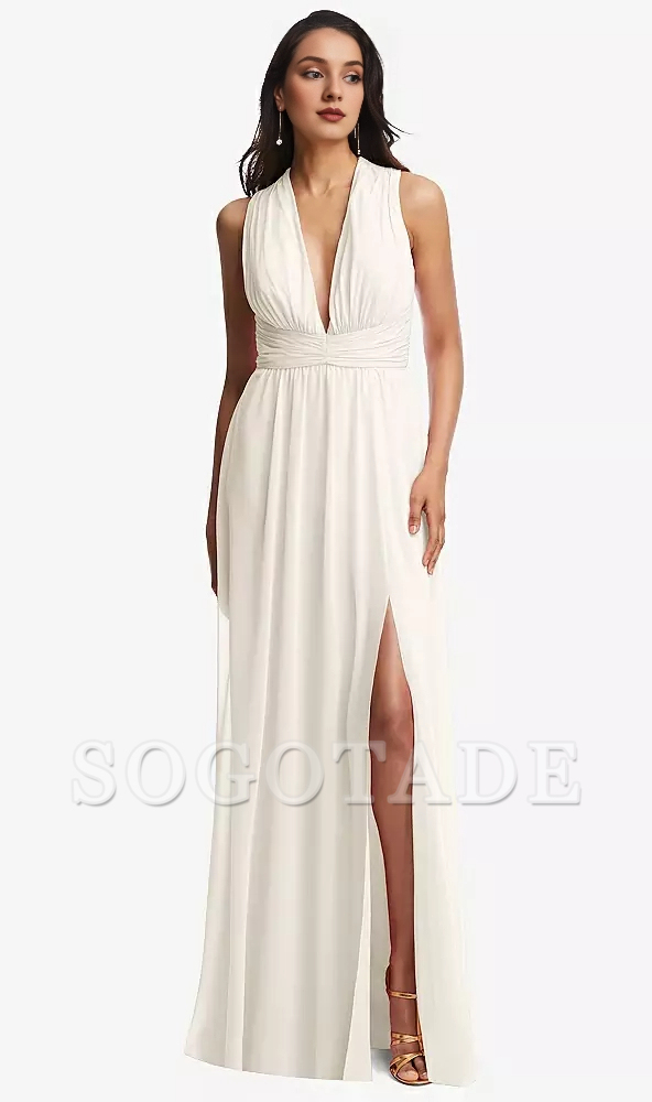 Parallel Crepe Deep V-neck backless Chiffon Long Prom Dress