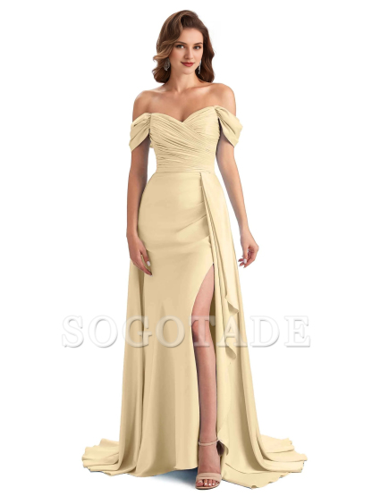 Sexy side slit mermaid soft satin off shoulder long unique bridesmaid dress