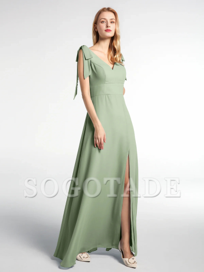 Bow flat ribbon chiffon front slit long skirt
