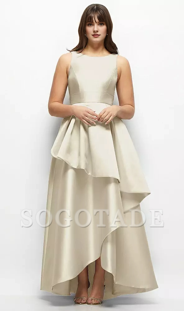 Asymmetric layering and floor length satin Prom dress