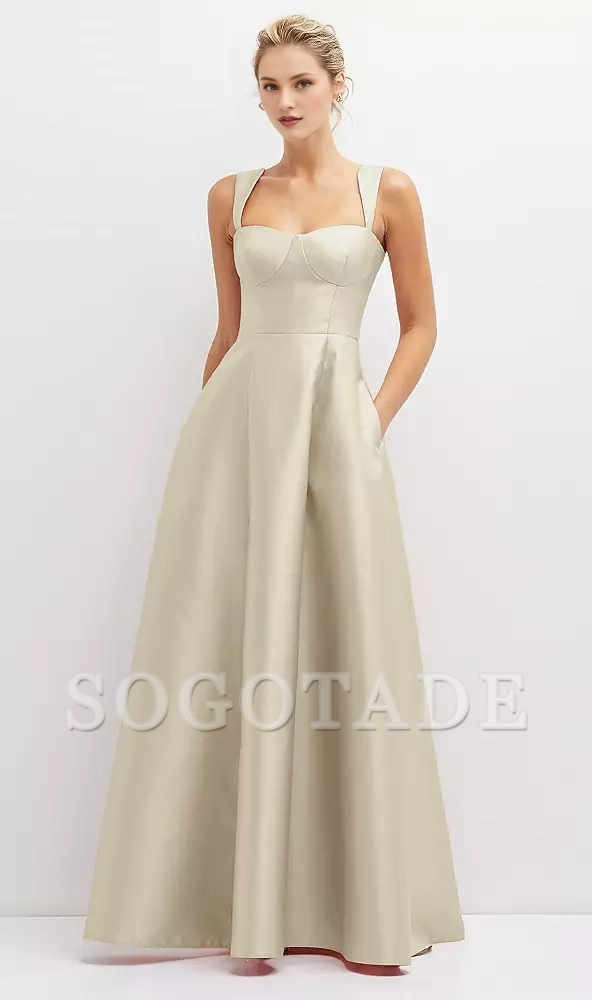 Pocket tie back tight corset satin and floor length Prom dress