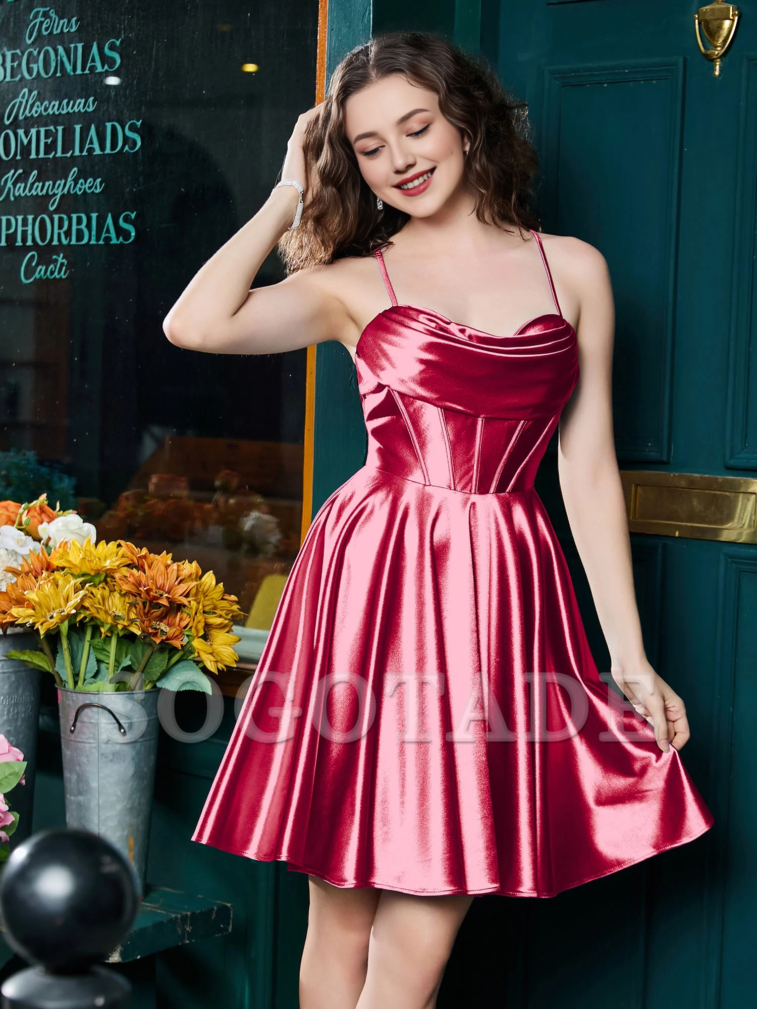 Thin shoulder strap tied with  satin mini Homecoming dress