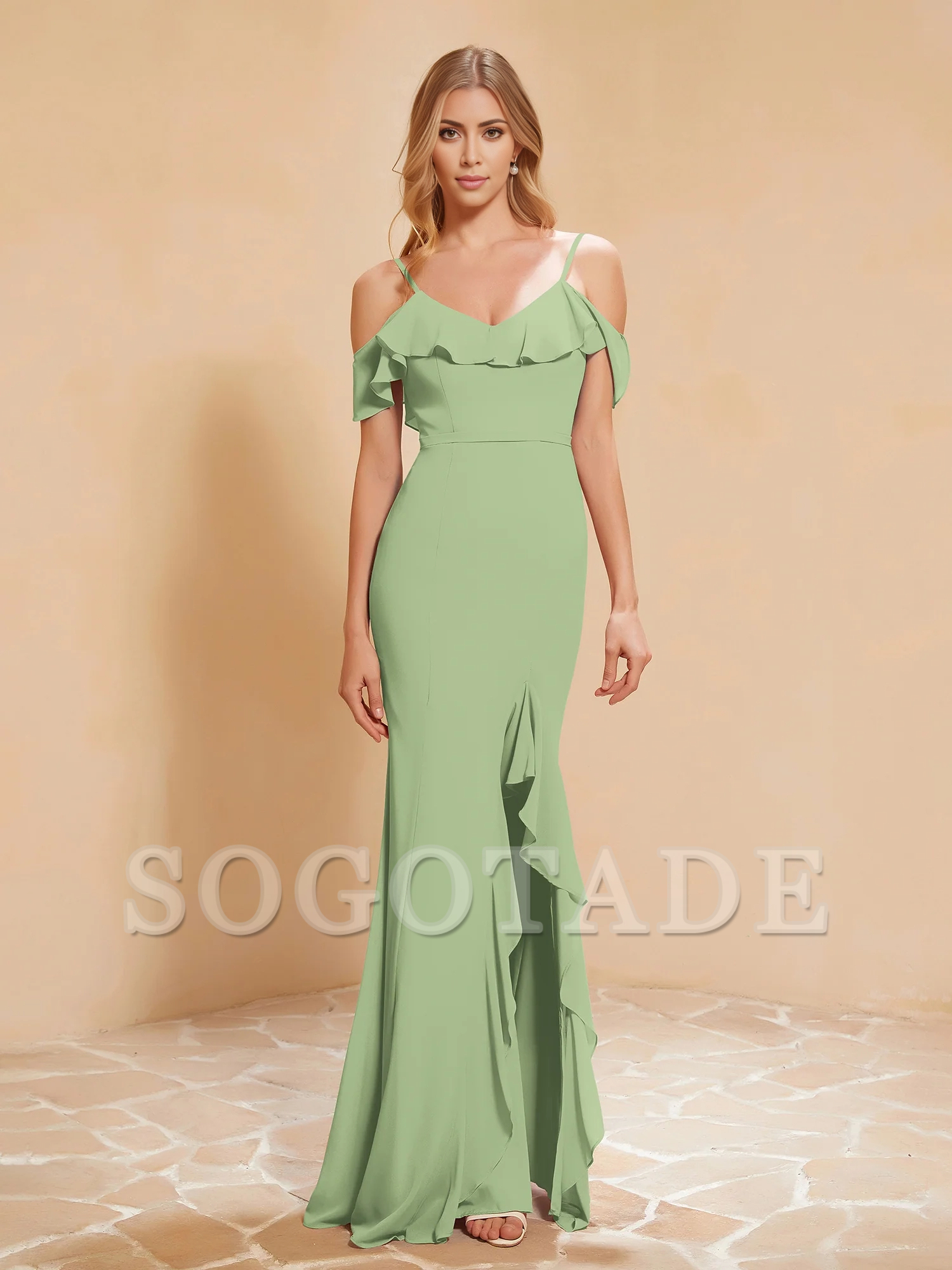 Ruffle V-neck floating sleeve fishtail chiffon dress