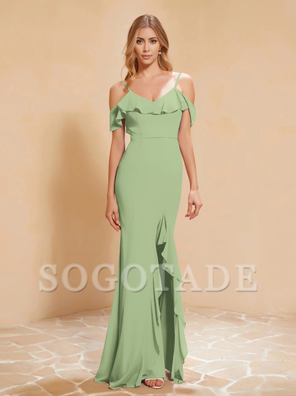 Ruffle V-neck floating sleeve fishtail chiffon dress