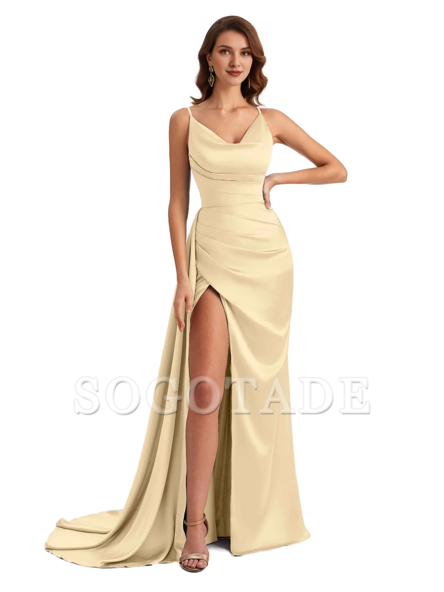 Sexy fishtail side slit hanging neck V-neck soft satin ultra long bridesmaid dress
