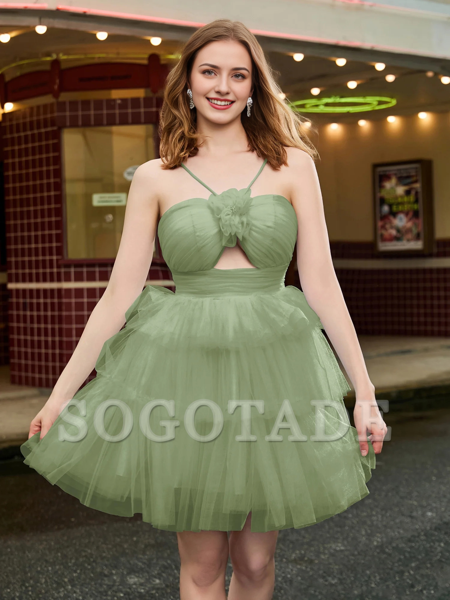 A-line hanging neck thin gauze layered short Homecoming dress-SOGOTADE