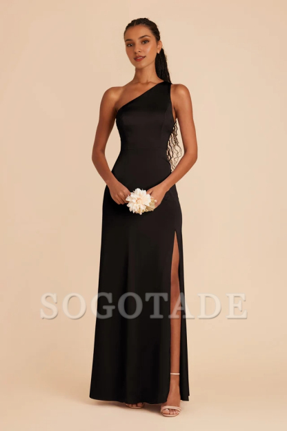 One shoulder collar fully lined trumpet shaped mermaid slit bridesmaid dress