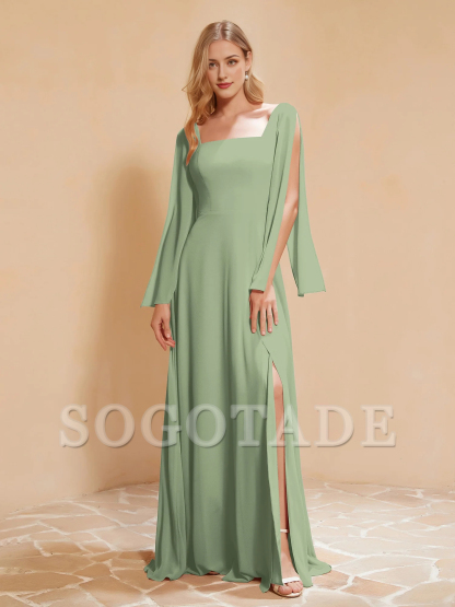 Square neck pleated chiffon and floor dress