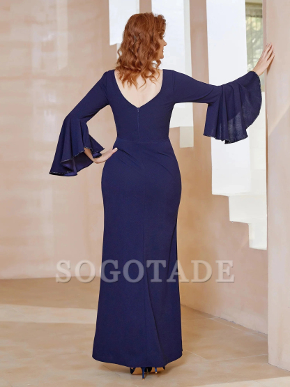 V-neck pleated ruffle hem and ground mother of the bride dress