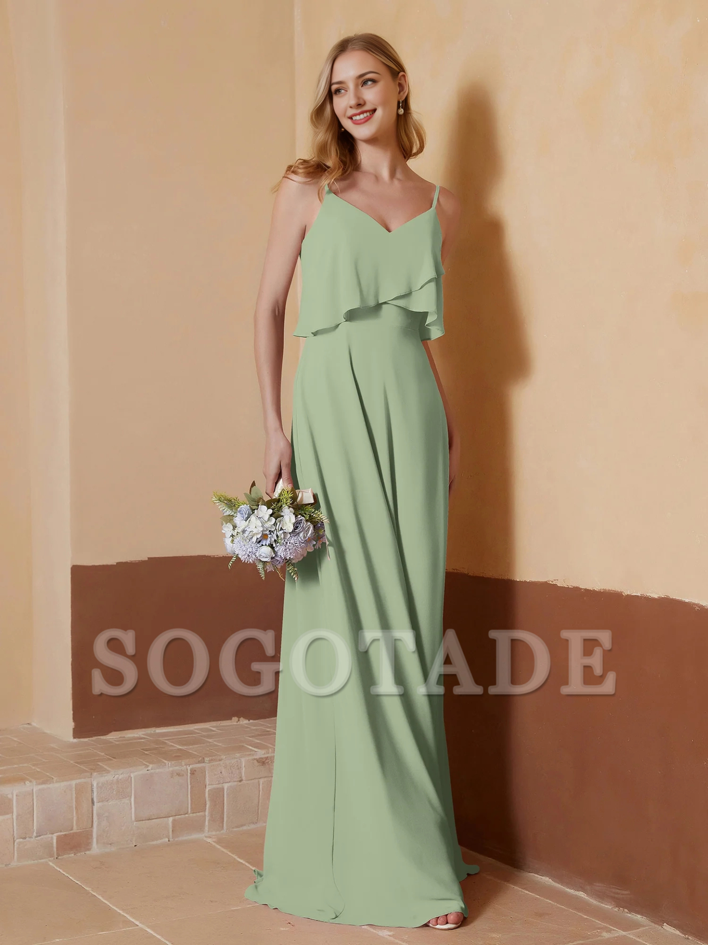 V-neck slim shoulder strap ruffled chiffon A-line dress