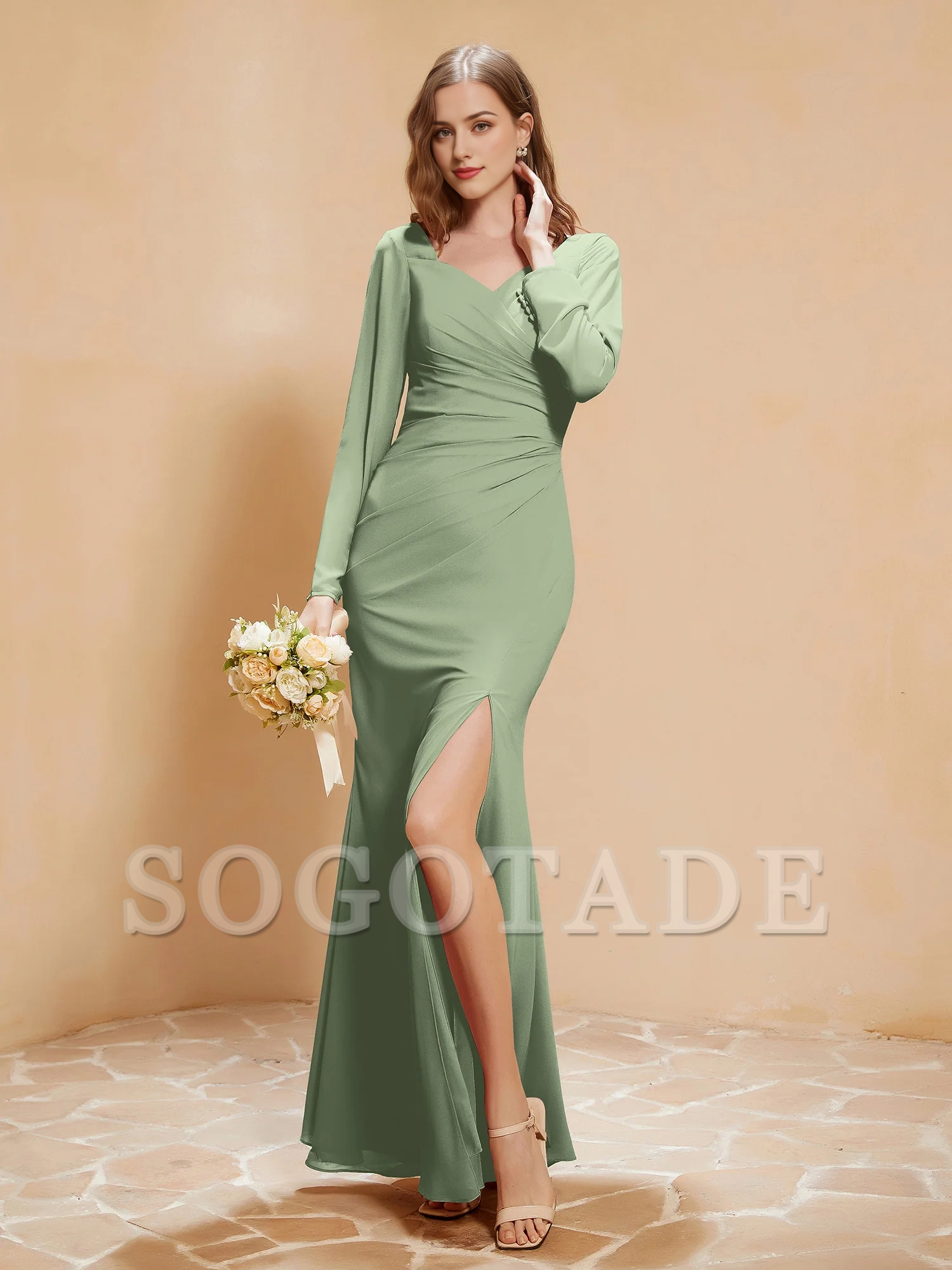 V-neck pleated fish tail chiffon dress