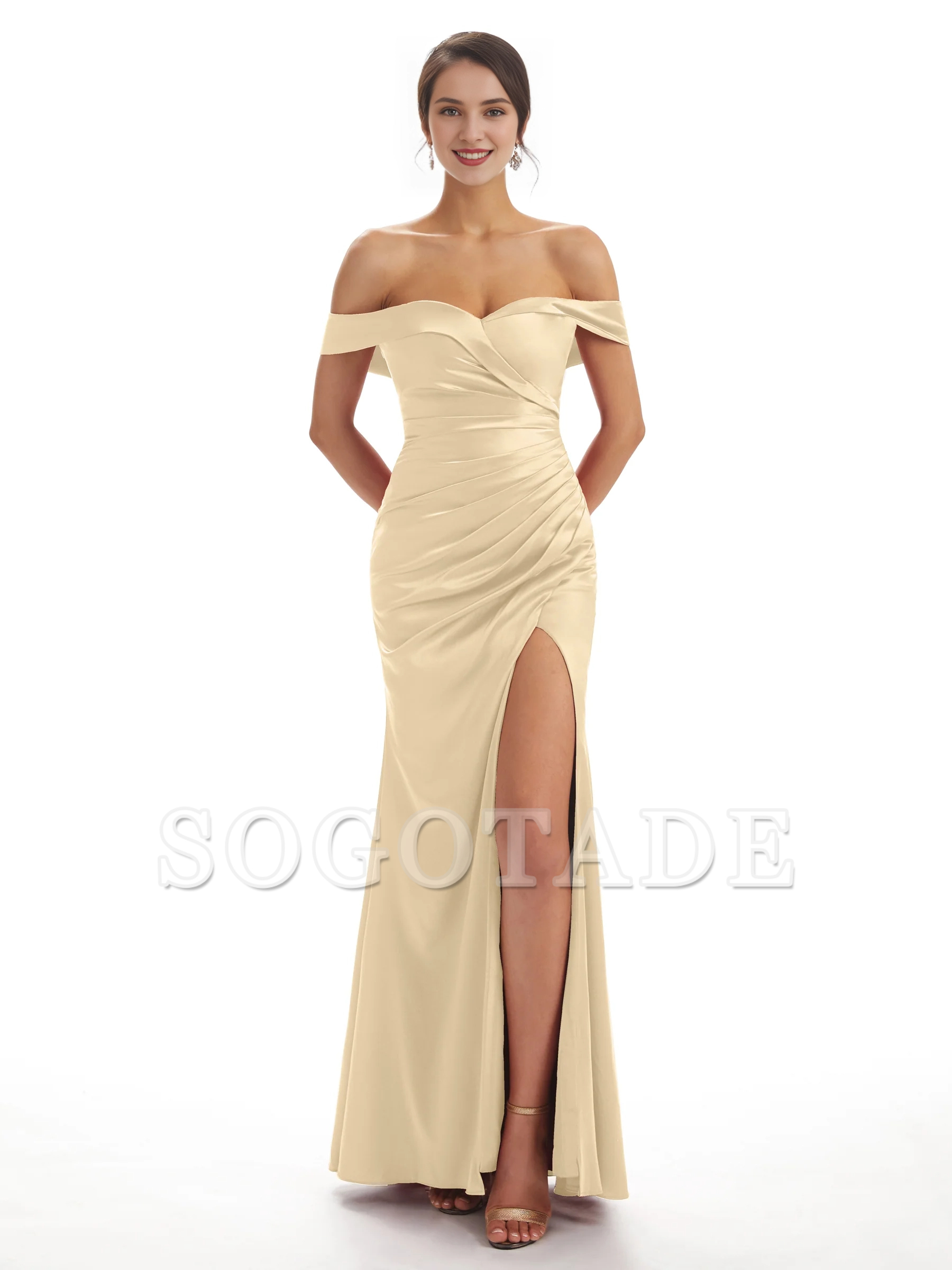Sexy side slit shoulder fishtail soft satin bridesmaid dress