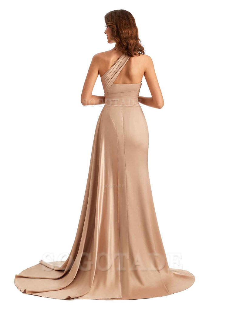 Mermaid One shoulder Satin formal dresses evening gown Bridesmaid Dresses With Side Slit 