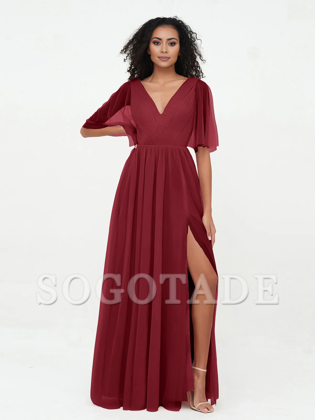 A-line V-neck chiffon Max deep V-back dress