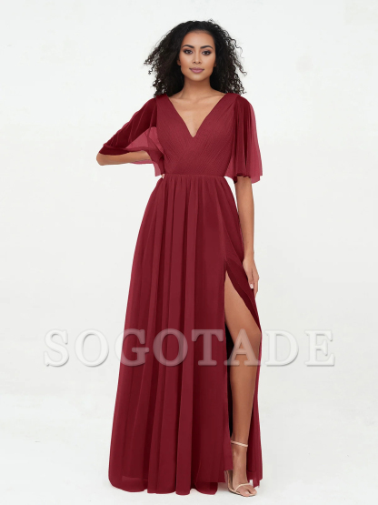A-line V-neck chiffon Max deep V-back dress