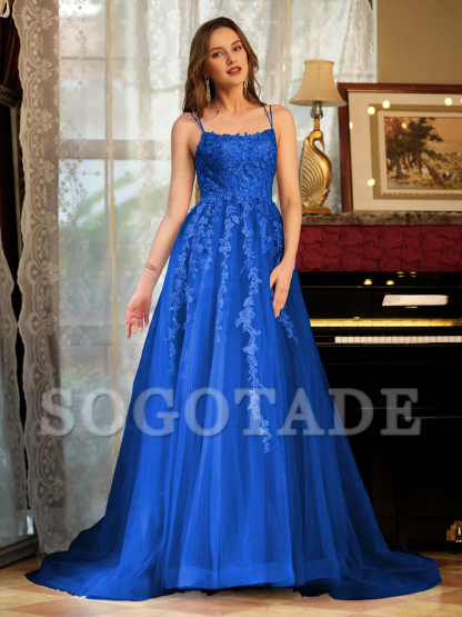 A-line princess chiffon thin shoulder strap embroidered long ball dress