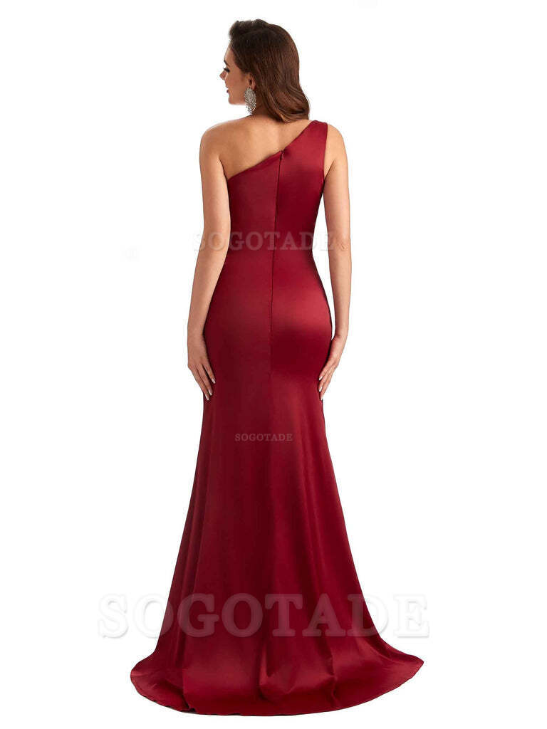 Sexy Side Slit Mermaid Soft Satin One Shoulder Lace Long Bridesmaid Dresses
