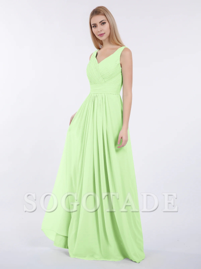 V-neck full-length chiffon pleated dress