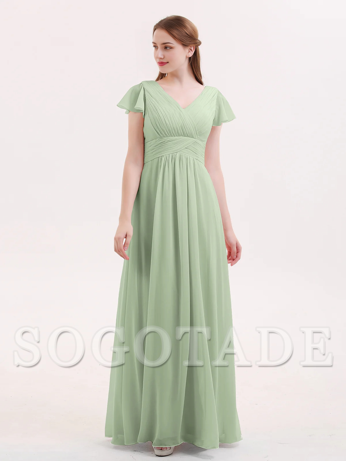 Hooded chiffon bridesmaid dress with long sleeves