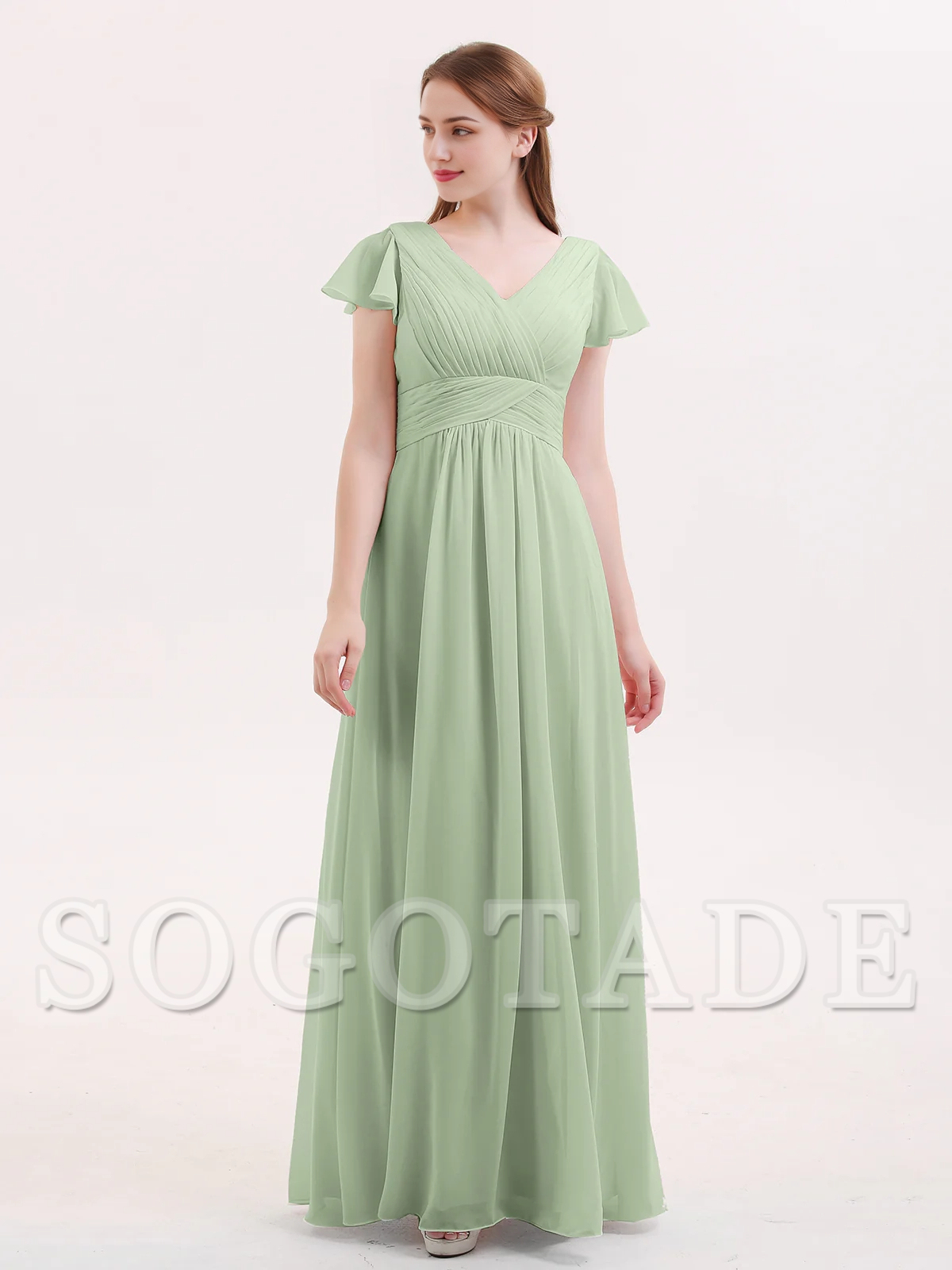 Hooded chiffon bridesmaid dress with long sleeves