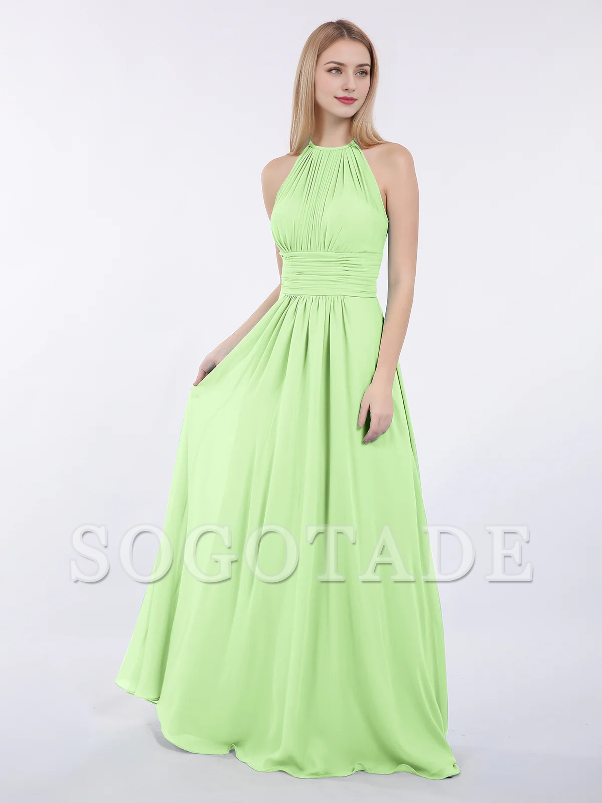 Hanging neck chiffon extra long bridesmaid dress