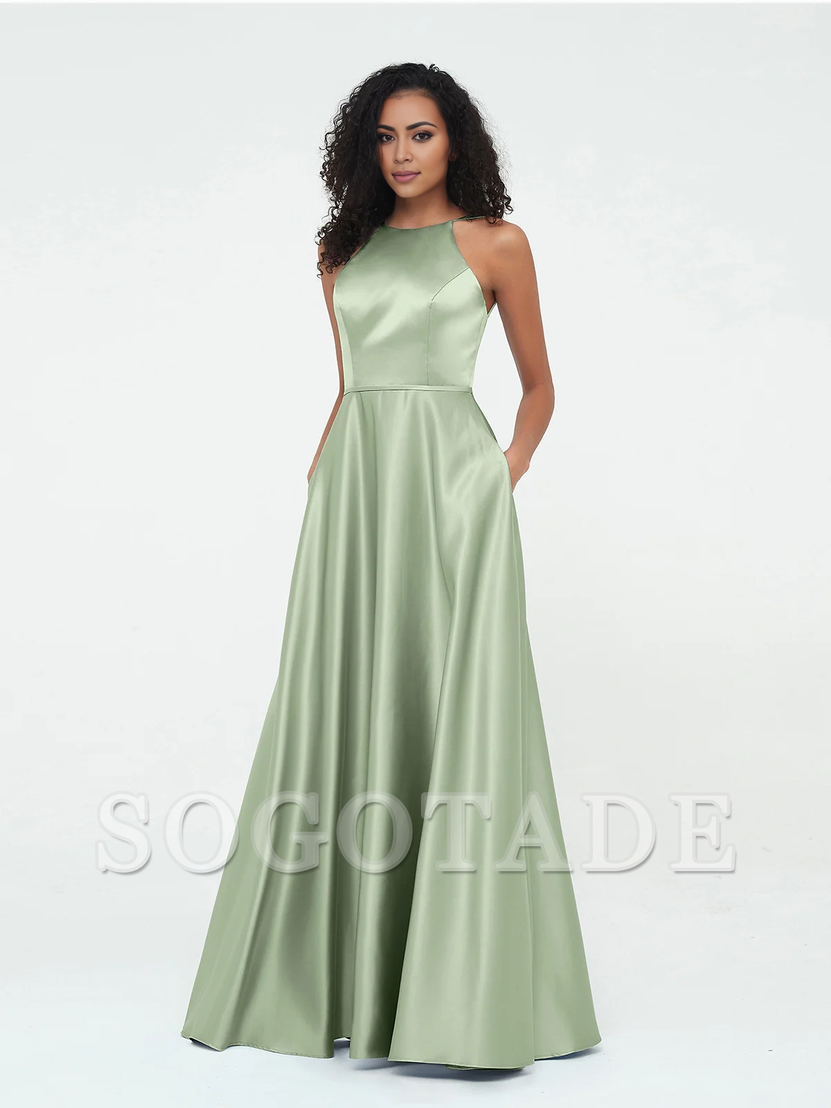 A-line hanging neck large pocket satin dress-SOGOTADE