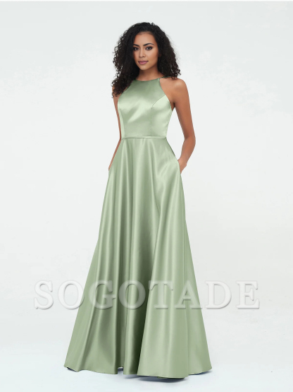 A-line hanging neck large pocket satin dress-SOGOTADE