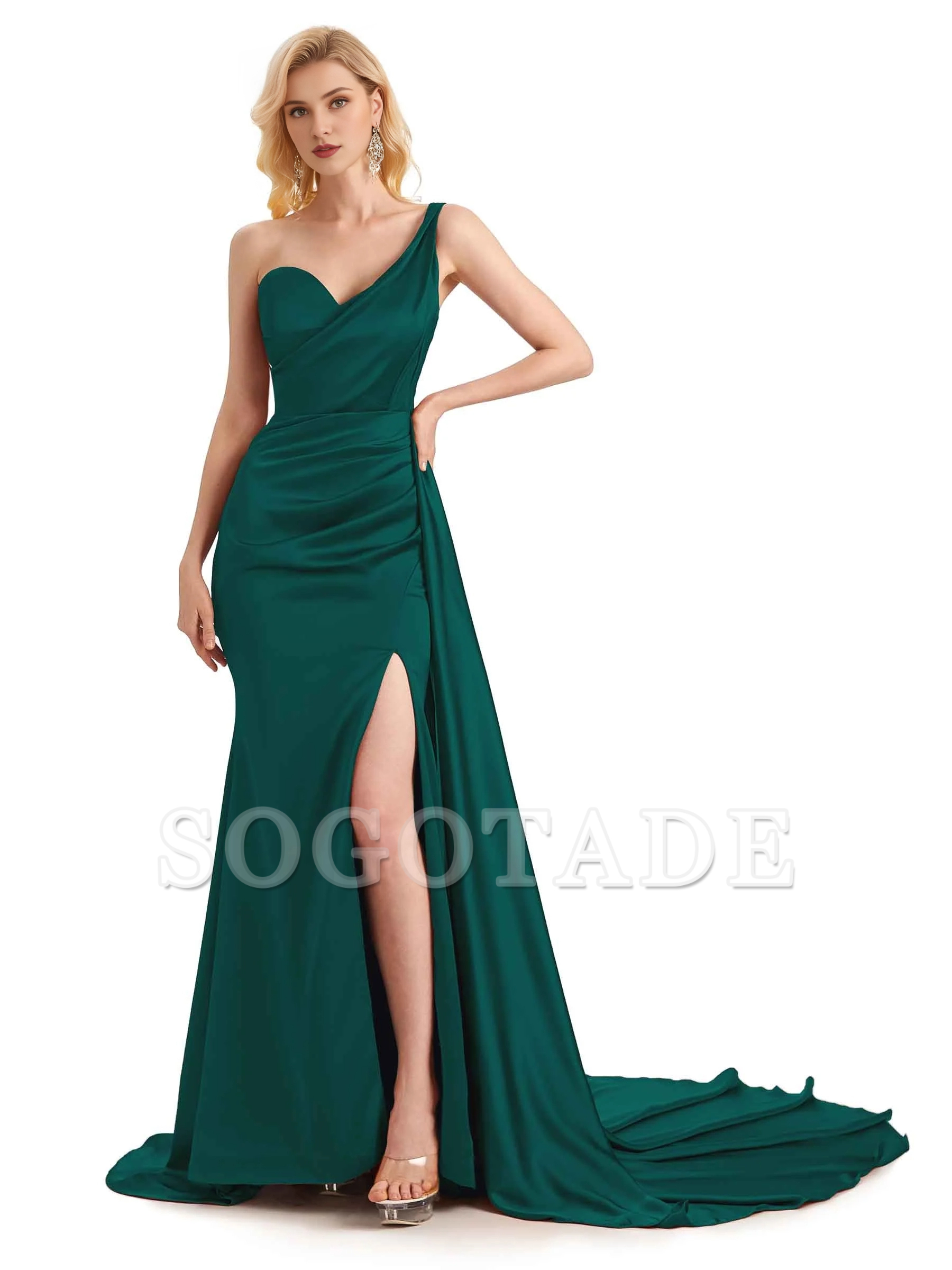 Sexy side slit shoulder long soft satin unique mermaid bridesmaid dress