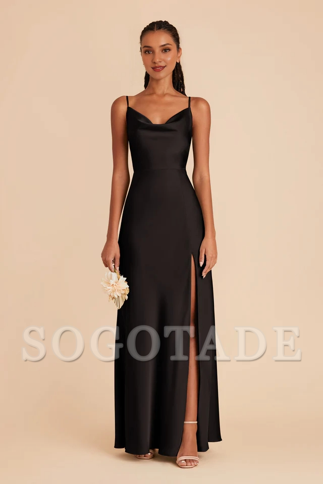 Fully lined pleated neckline with slit and floor length bridesmaid dress