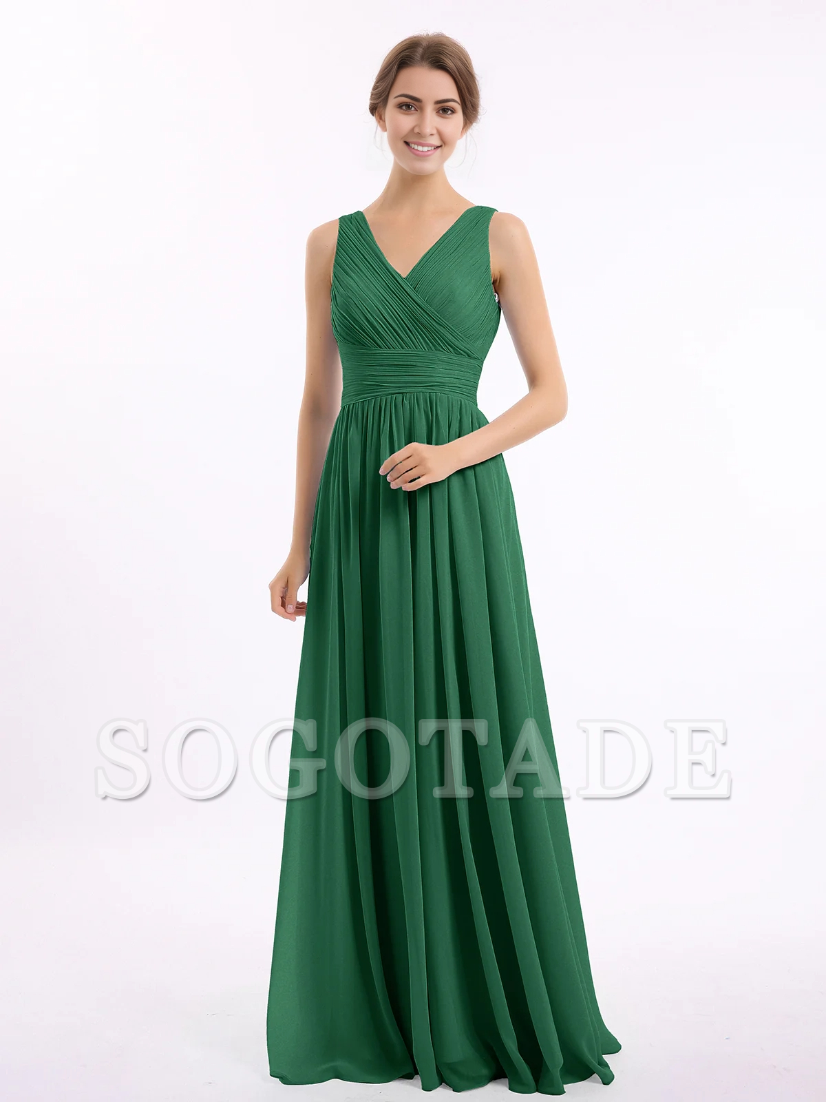V-neck and floor chiffon dress