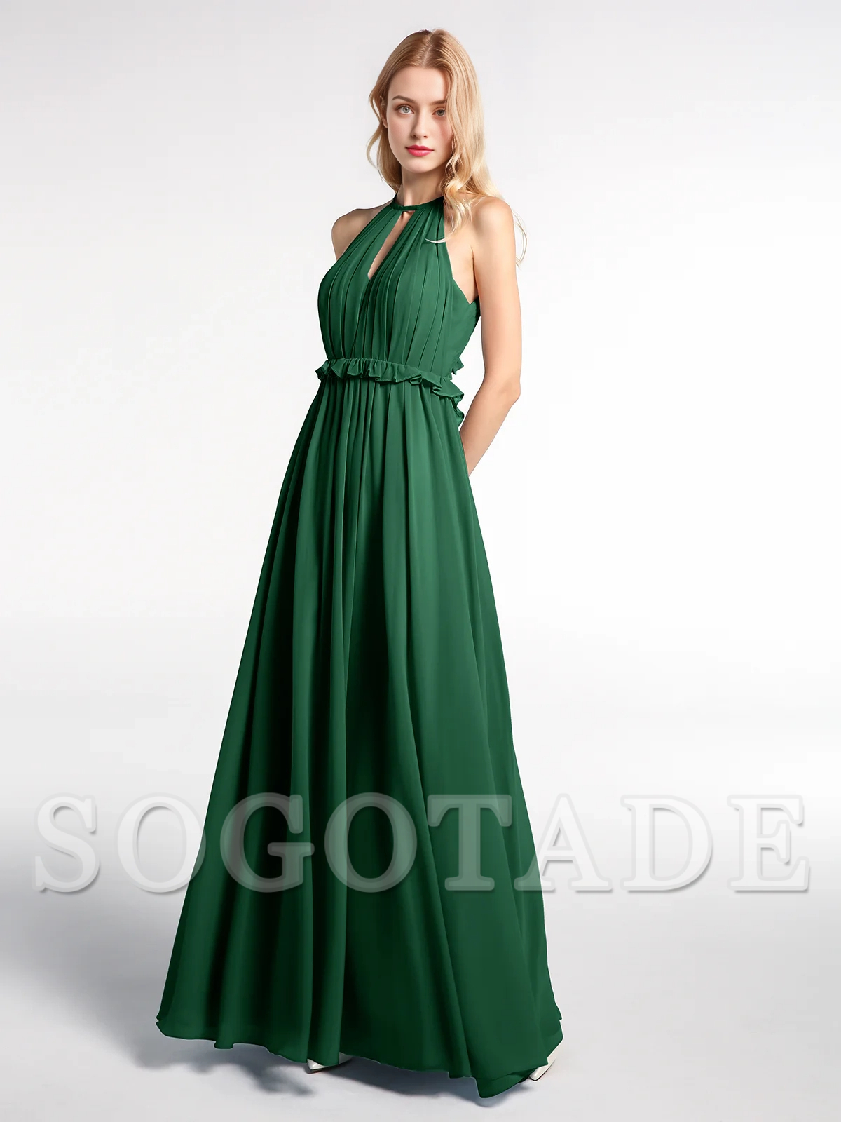 Keyhole collar backless chiffon long dress