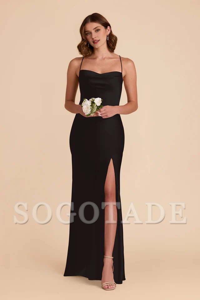A-line neck hanging thin shoulder strap scarf with slit bridesmaid dress