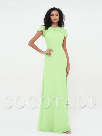 Illusionary collar and sleeve chiffon dress