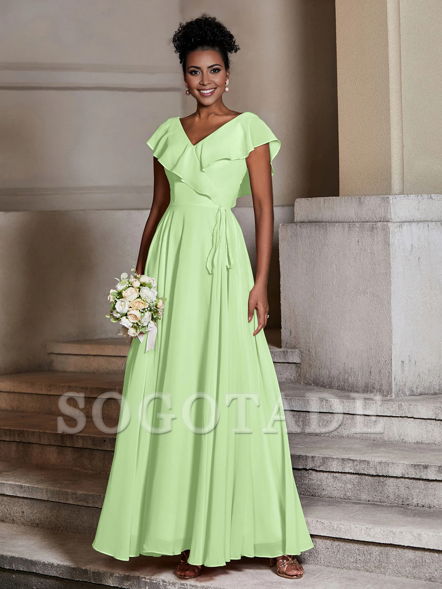 V-neck hooded chiffon dress