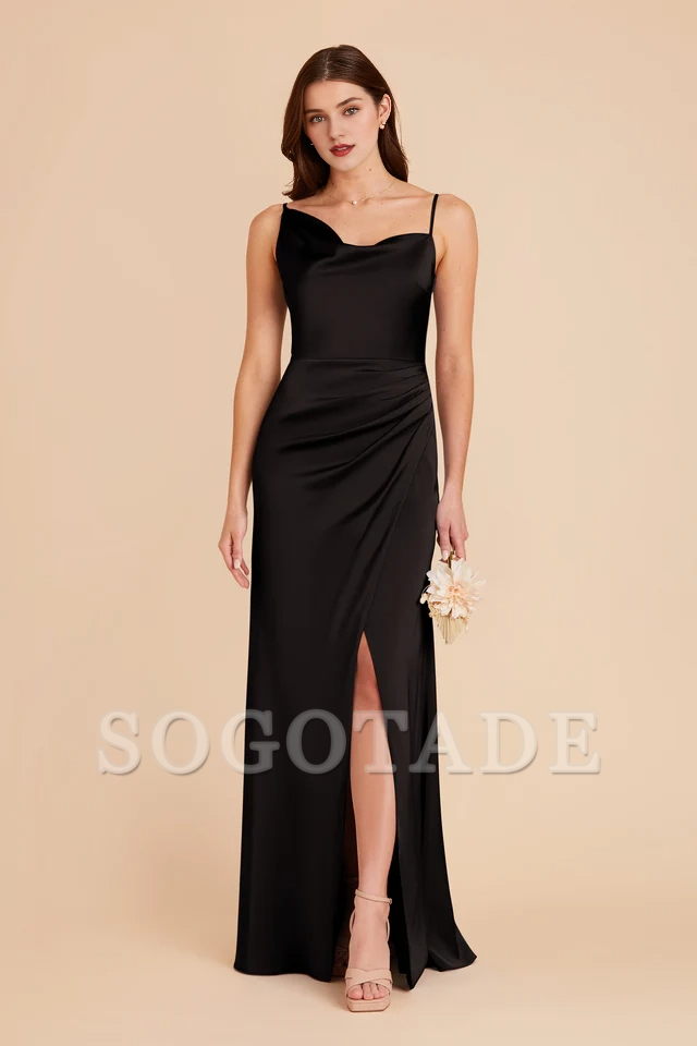 Asymmetric collar satin pillar wrapped slit bridesmaid dress