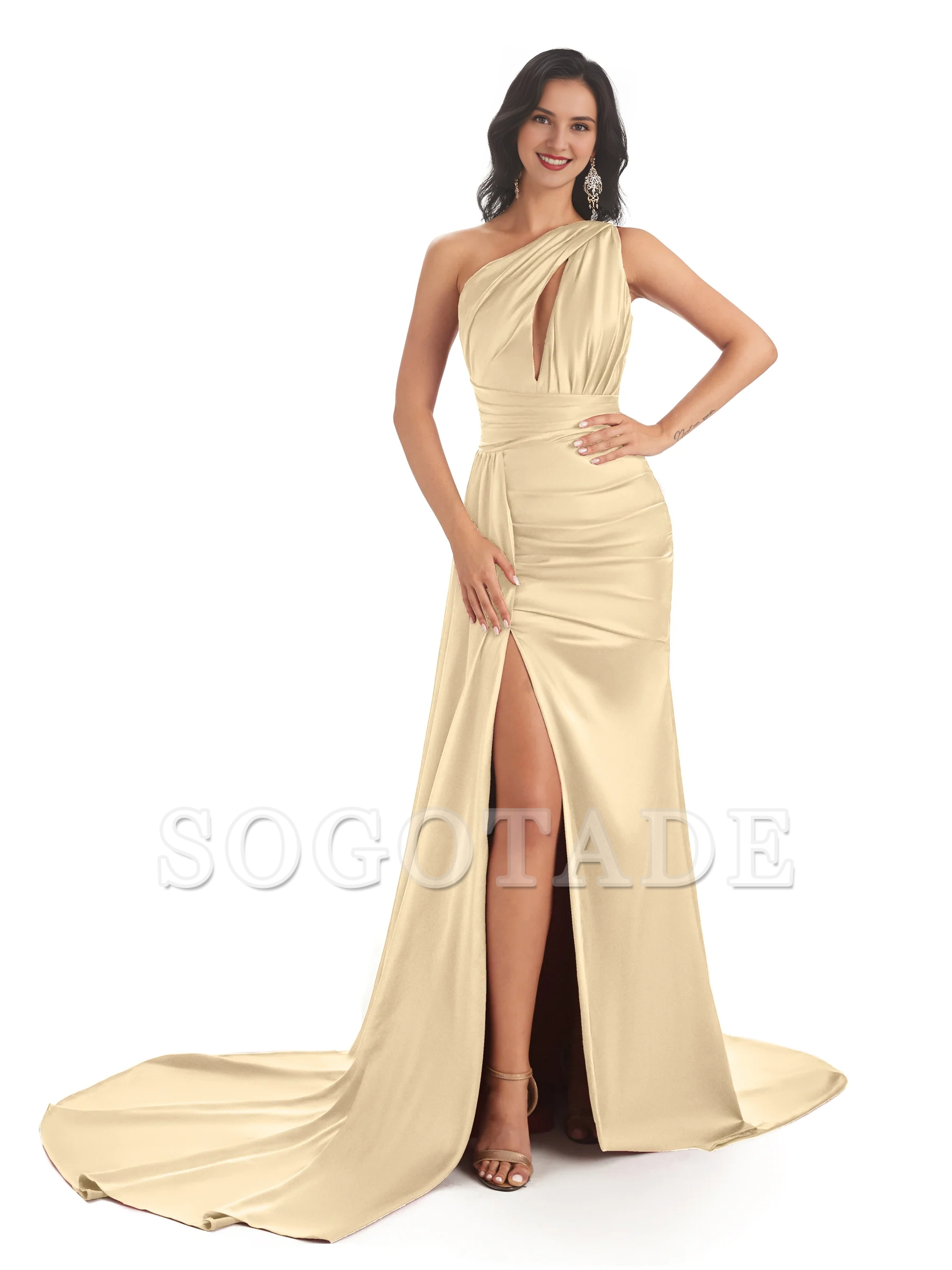 Sexy and soft satin side slit one shoulder fish tail long wedding bridesmaid dress