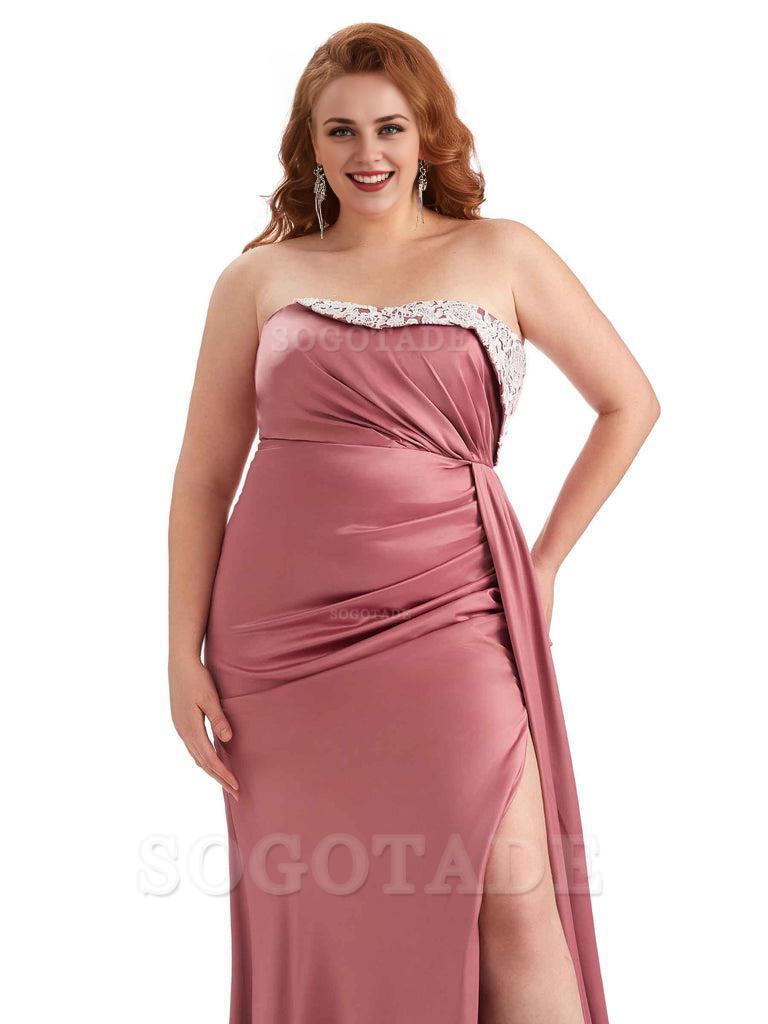 Sexy Side Slit Strapless Mermaid Lace Soft Satin Long Plus Size Maid of Honor Dresses