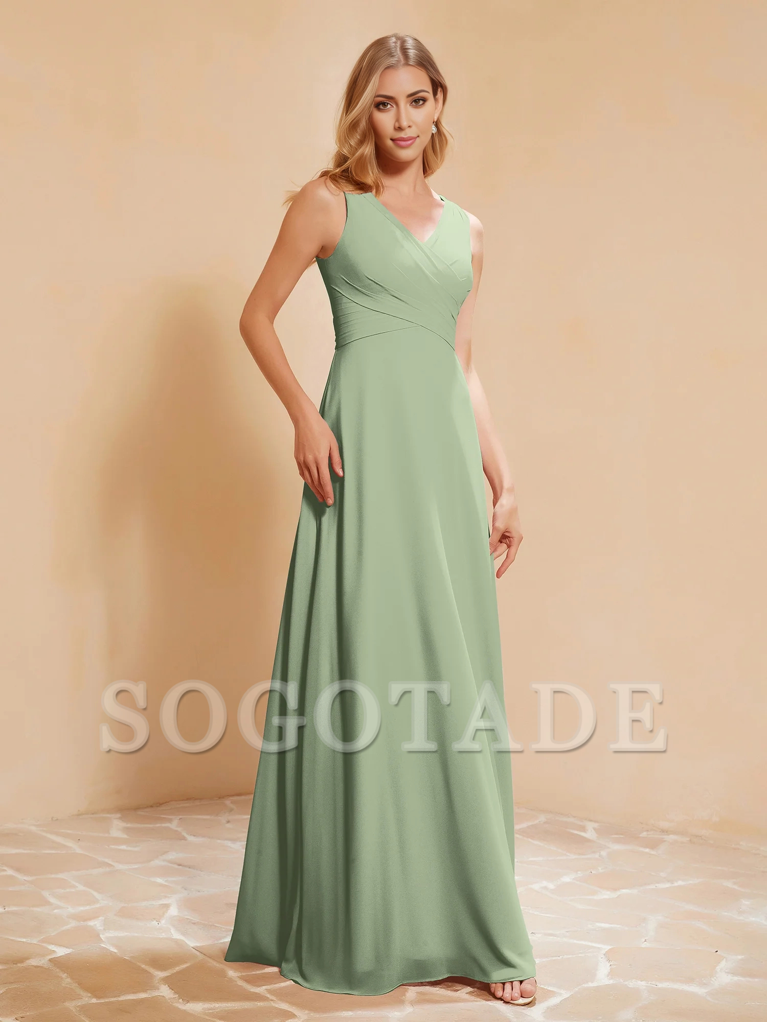 Bow pleated V-neck chiffon A-line dress