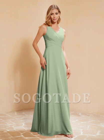 Bow pleated V-neck chiffon A-line dress