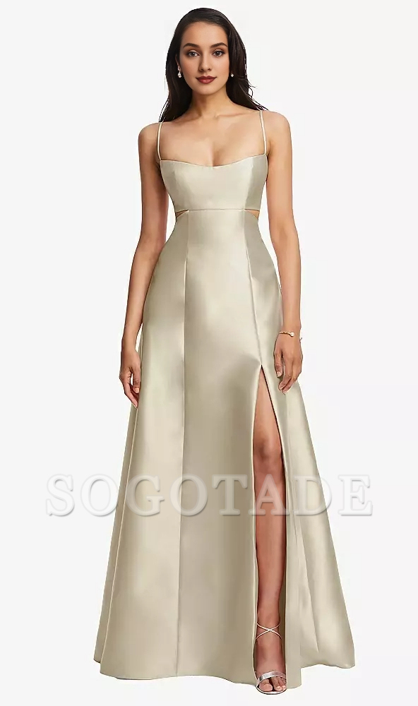 Bag open collar hollowed out satin twill A-line Prom dress