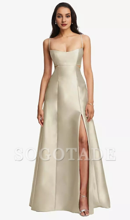 Bag open collar hollowed out satin twill A-line Prom dress
