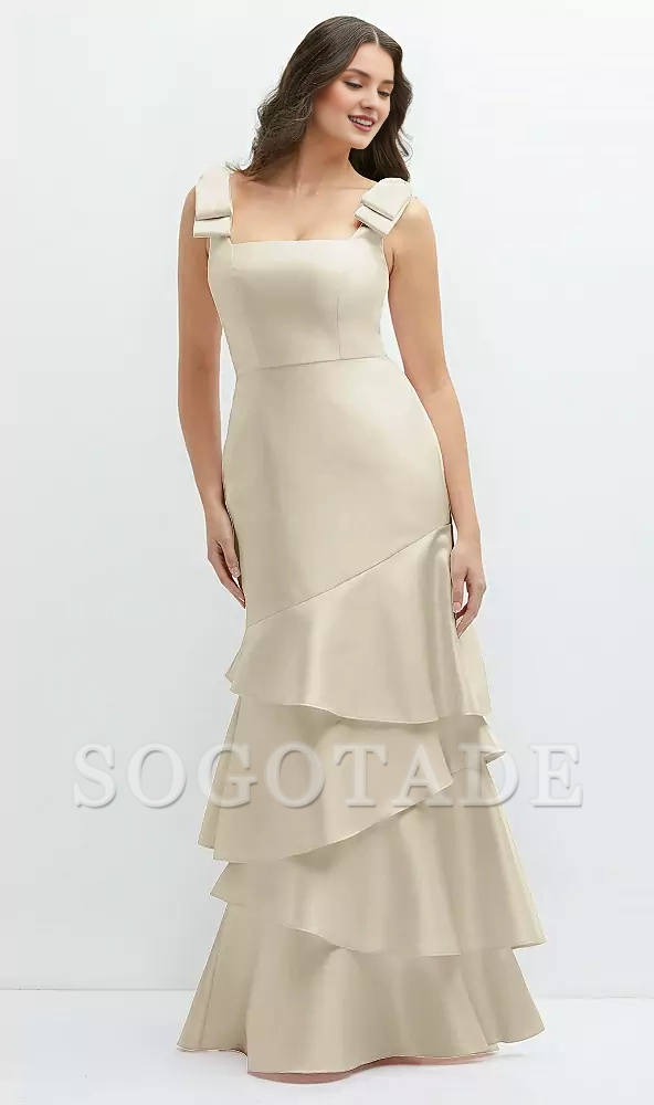 Asymmetric layered skirt with bow shoulder satin Prom dress