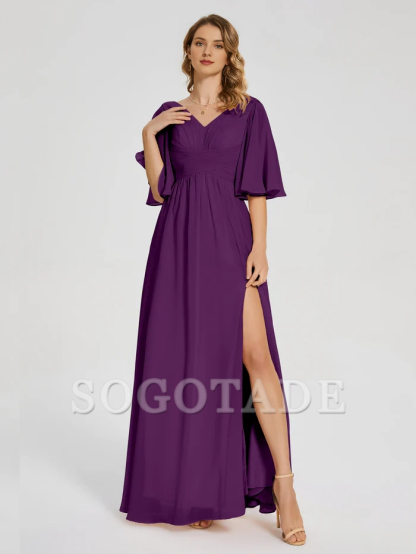 V-neck half sleeved chiffon mother of the bride dress