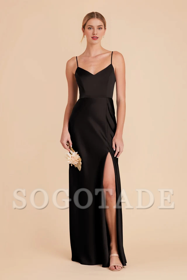 Thin shoulder strap V-neck satin full lining and floor length bridesmaid dress