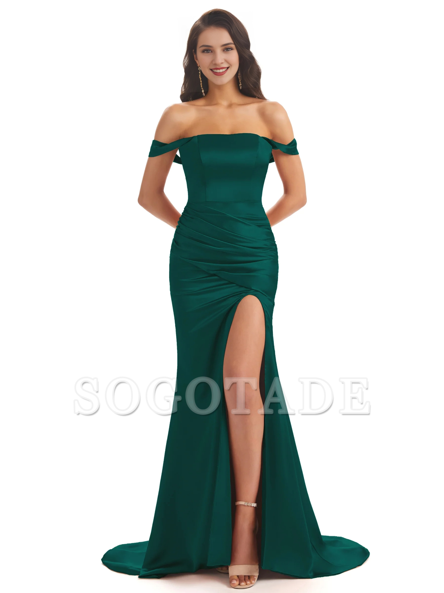 Sexy soft satin off shoulder side slit and floor length fishtail bridesmaid dress