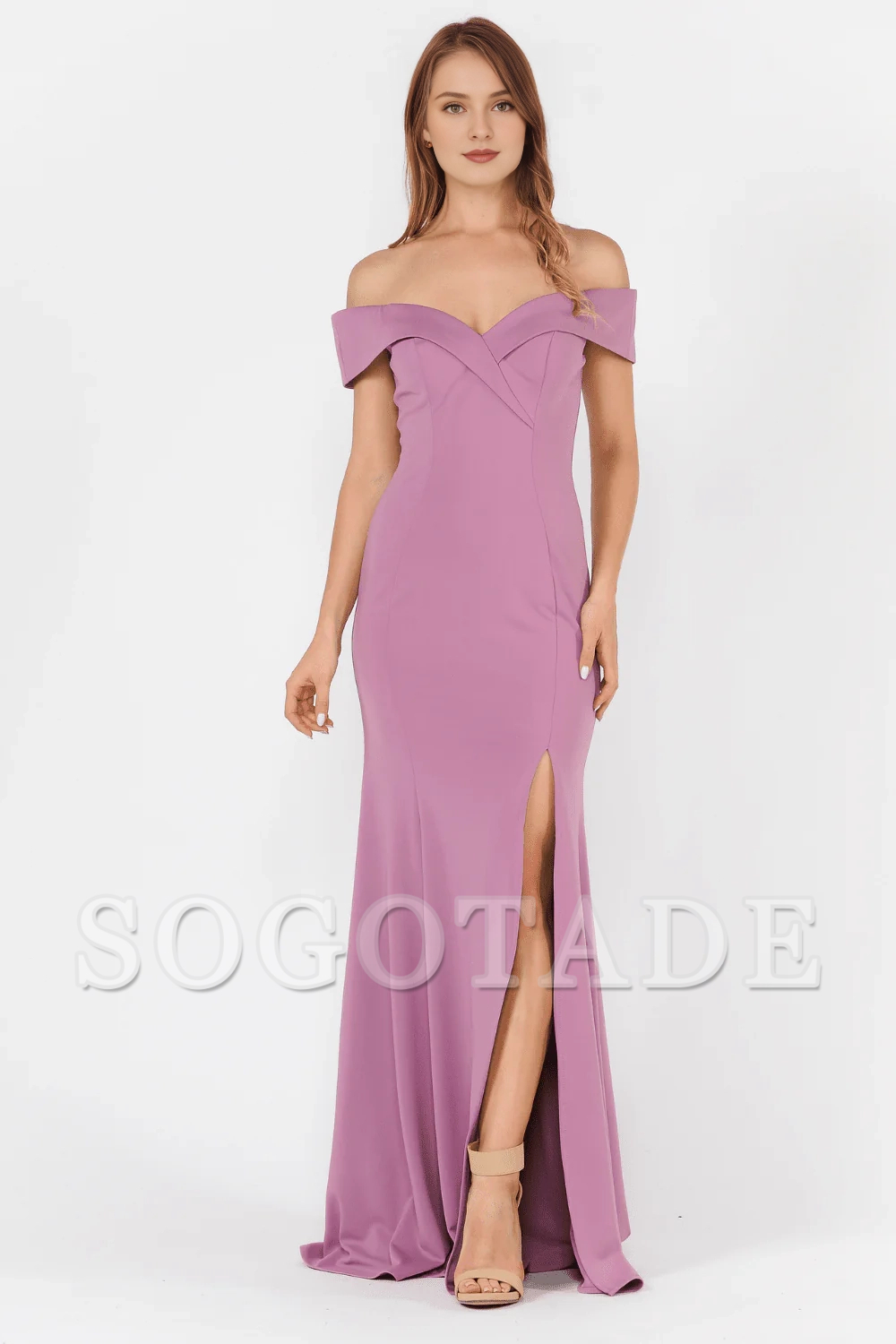 Front slit fit long off shoulder plain knit dress