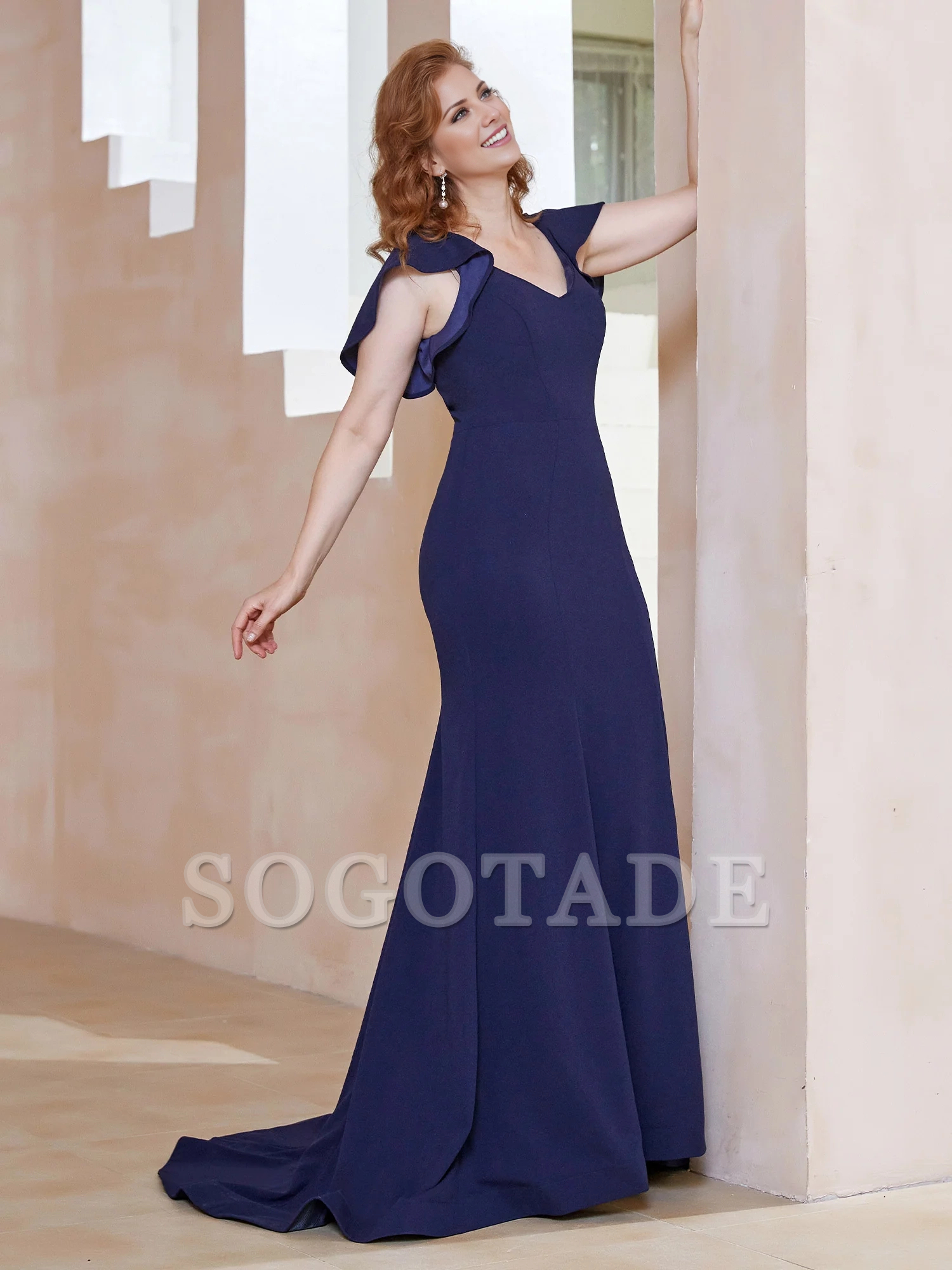 V-neck floating sleeve fishtail dress mother of the bride dress