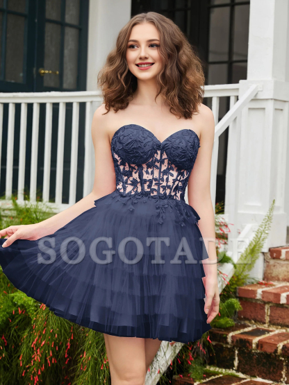 Transparent decal tight corset layered sheer short Homecoming dress
